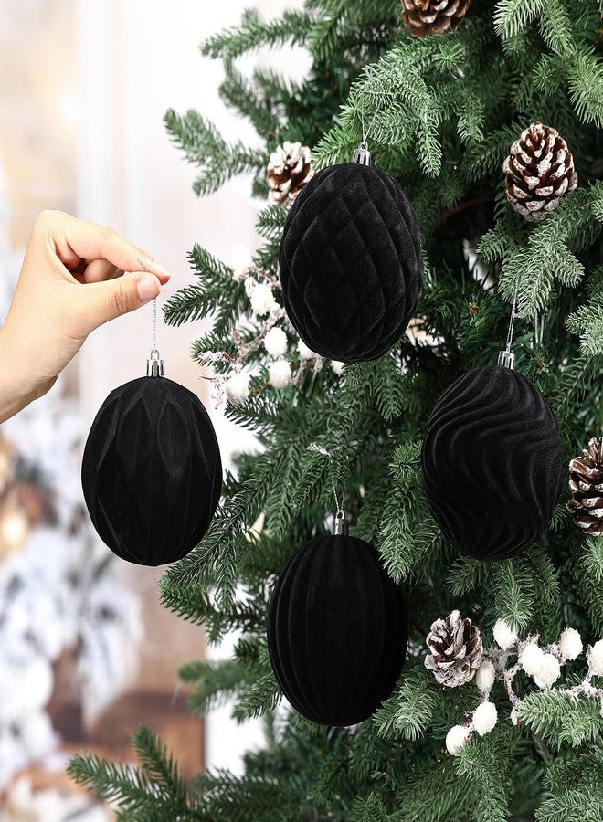 Blueweenly 4 Pcs 4 Inch Black Large Velvet Christmas Ball Ornaments Vintage Christmas Plastic Ball Ornaments Flocked Tree Hanging Decoration for Xmas Party Wedding Home Decor - Image 4